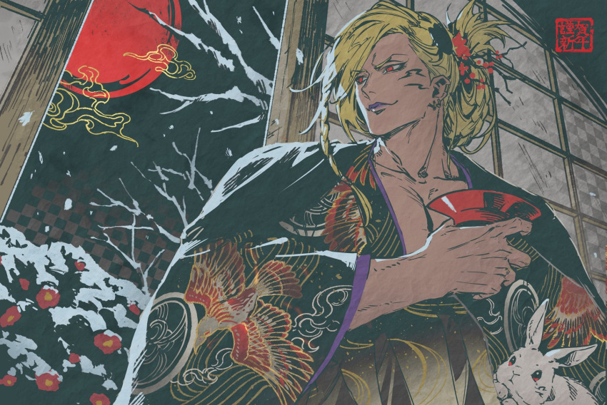 1boy 1other 2023 arm_up bare_tree beelzebub_(granblue_fantasy) black_kimono blonde_hair checkered_background chinese_zodiac commentary cup dark_skin facial_mark granblue_fantasy hair_bun hair_ornament hair_up highres japanese_clothes kimono lipstick looking_to_the_side makeup messy_hair minaba_hideo official_art patterned_clothing pectorals print_kimono purple_lips rabbit red_eyes sakazuki smile snowing translation_request tree upper_body whorled_clouds year_of_the_rabbit