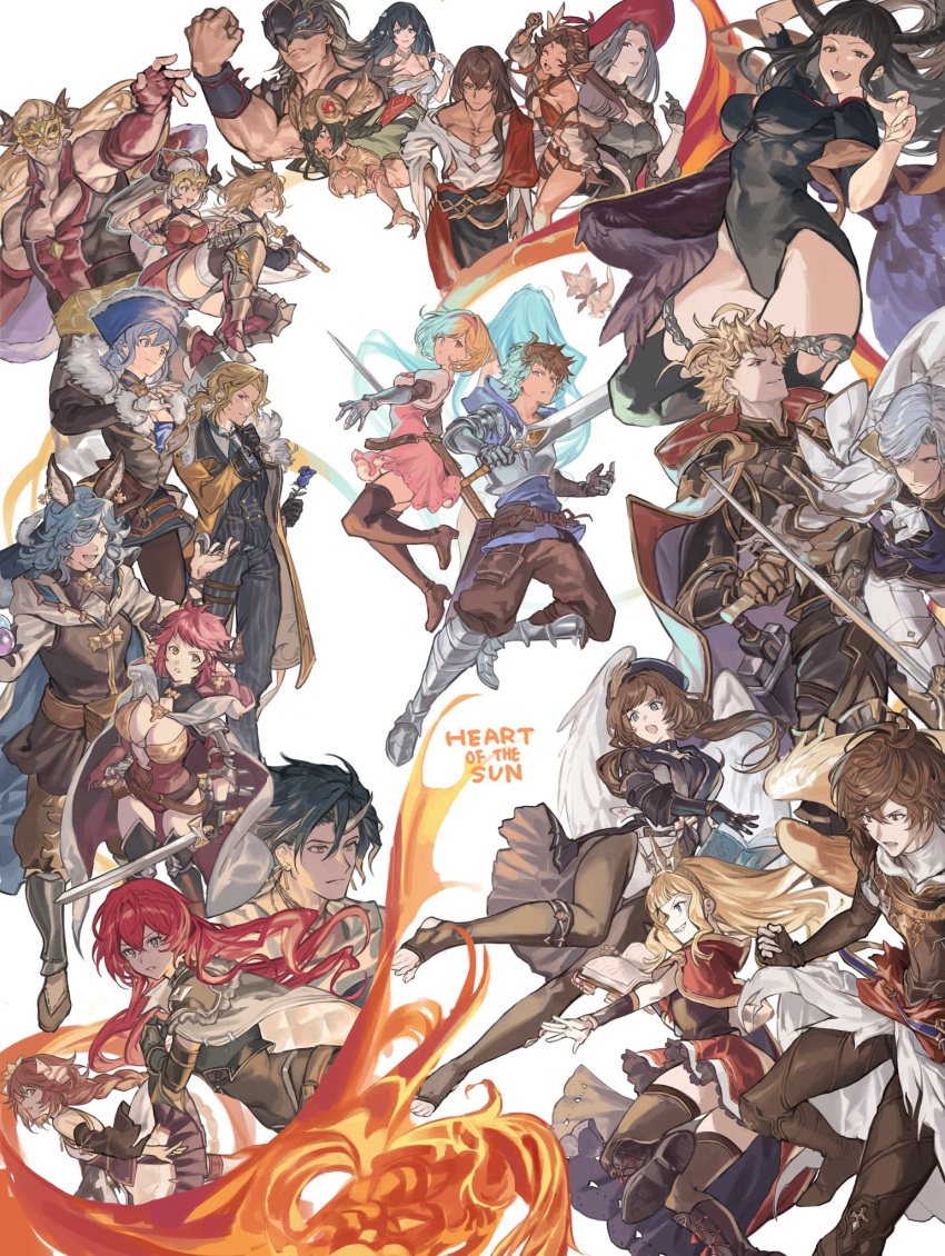 6+boys 6+girls armor armored_boots black_hair blonde_hair blue_hair blue_shirt boots breasts brown_footwear brown_hair cagliostro_(granblue_fantasy) character_request demon_girl demon_horns djeeta_(granblue_fantasy) dress english_text feathered_wings gran_(granblue_fantasy) granblue_fantasy hashibiro_kou_(garapiko_p) highres holding holding_sword holding_weapon hood hoodie horns horus_(granblue_fantasy) ladiva large_breasts long_hair lyria_(granblue_fantasy) magus_(granblue_fantasy) medium_breasts multiple_boys multiple_girls narmaya_(granblue_fantasy) pink_dress shirt short_hair spiked_hair sword thigh_boots weapon wings