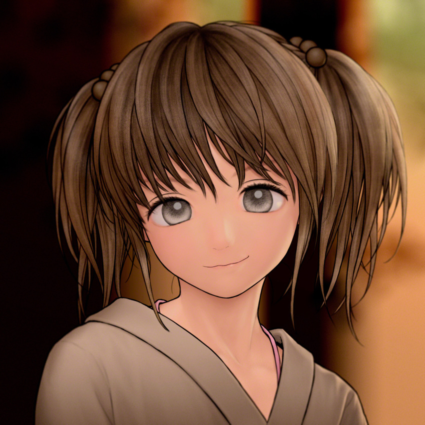 1girl blurry blurry_background brown_hair commentary_request depth_of_field grey_eyes grey_jacket hair_bobbles hair_ornament highres jacket looking_at_viewer original rustle short_hair short_twintails smile solo twintails upper_body