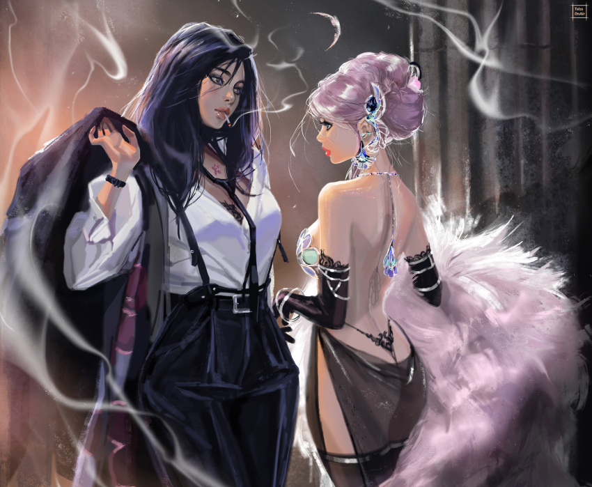 2girls absurdres ass backless_dress backless_outfit belt black_belt black_gloves black_jacket black_necktie black_panties black_pants black_thighhighs blazer blue_eyes blue_hair bracelet breasts cigarette coat dress earrings elbow_gloves english_commentary fur_coat gloves green_eyes hair_behind_ear highres holding holding_clothes holding_coat holding_jacket jacket jewelry long_hair medium_breasts multiple_girls necktie original panties pants pink_lips purple_hair shirt_tucked_in smoking tatti_art thighhighs underwear unworn_coat unworn_jacket variant_set white_coat