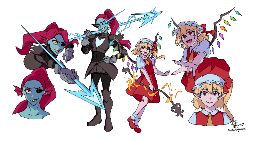 2girls ascot blonde_hair cowboy_shot dress eyepatch fish_girl flandre_scarlet full_body hat hat_ribbon highres holding holding_polearm holding_weapon hoshiringo0902 laevatein_(touhou) long_hair mary_janes mob_cap multiple_girls open_mouth polearm red_dress red_hair red_ribbon ribbon shoes side_ponytail simple_background spear touhou undertale undyne upper_body weapon white_background yellow_ascot