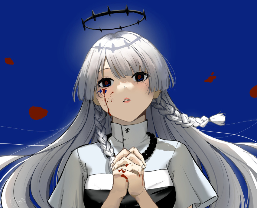 1girl black_halo blood blood_from_eyes blood_on_face blood_on_hands blue_background blue_eyes braid chianko choujin_x crown_of_thorns facial_mark facial_tattoo floating_crown grey_hair halo highres long_hair nun praying red_pupils shiruha_sora_(choujin_x) tattoo twin_braids