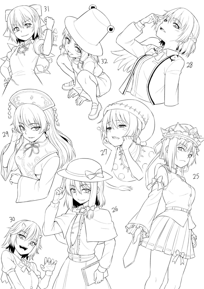 6+girls book bow bowtie braid capelet cirno closed_mouth commentary_request doremy_sweet dress flower french_braid frilled_hat frills hair_bow hat hat_bow headdress high_contrast highres holding horns junko_(touhou) kakone kijin_seija kishin_sagume long_sleeves looking_at_viewer monochrome moriya_suwako multiple_girls nightcap pleated_skirt ribbon-trimmed_skirt ribbon_trim rod_of_remorse shiki_eiki short_hair short_sleeves sidelocks simple_background single_wing skirt sunflower tabard touhou usami_renko wings