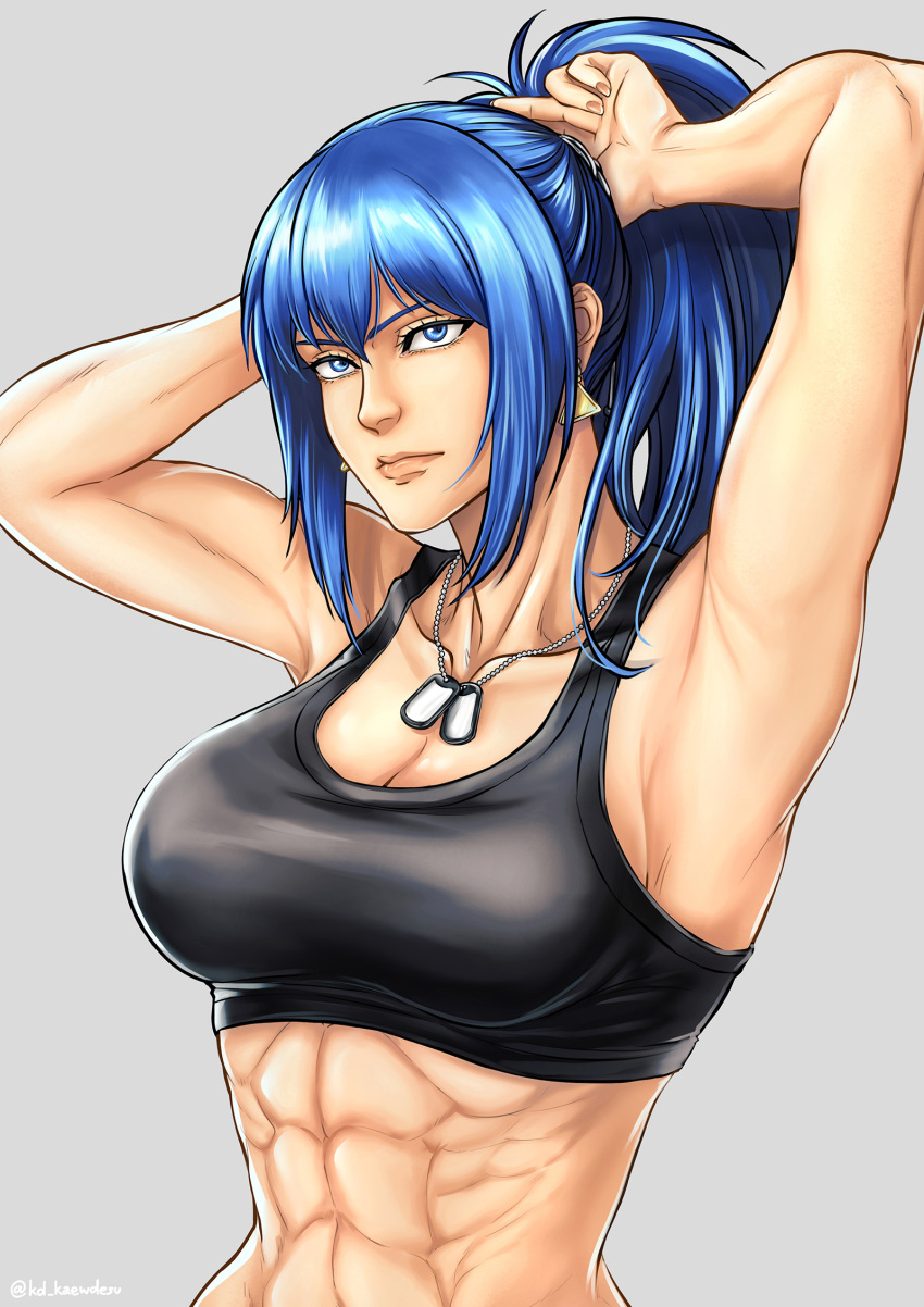 abs adjusting_hair armpits arms_behind_head arms_up bare_shoulders black_tank_top blue_eyes blue_hair breasts dog_tags earrings gloves hand_in_own_hair hands_in_hair highres holding holding_hair jewelry kd_kaewdesu leona_heidern midriff muscular muscular_female ponytail tank_top the_king_of_fighters triangle_earrings tying_hair