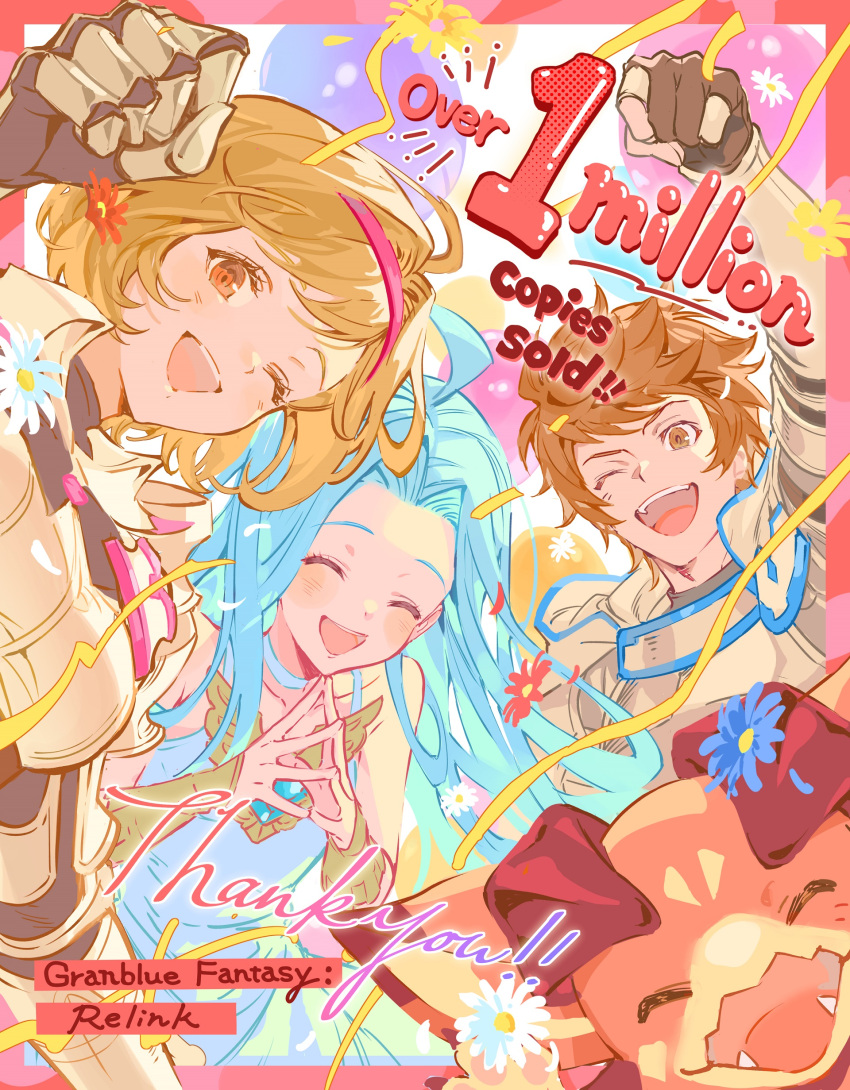 1boy 1other 2girls absurdres ahoge arm_up armor blonde_hair blue_hair brown_hair closed_eyes cowboy_shot daisy djeeta_(granblue_fantasy) dragon dress english_commentary english_text floating_hair flower gran_(granblue_fantasy) granblue_fantasy granblue_fantasy:_relink highres lyria_(granblue_fantasy) messy_hair milestone_celebration minaba_hideo multicolored_background multiple_girls official_alternate_costume official_art one_eye_closed own_hands_together parted_bangs party_popper short_hair sketch smile teeth upper_teeth_only vyrn_(granblue_fantasy) white_dress