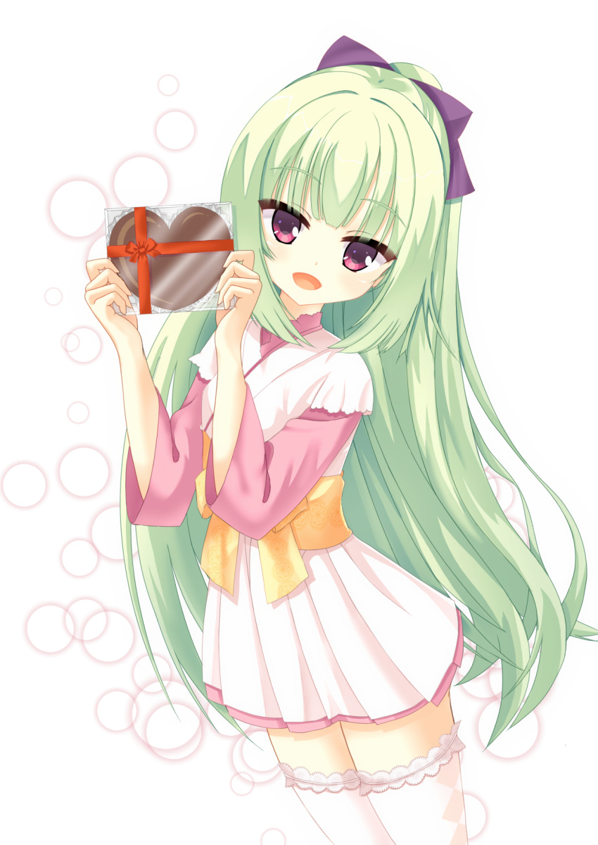 1girl blunt_bangs blunt_ends candy chocolate commentary_request cowboy_shot food gift green_hair hair_ribbon hands_up happy heart heart-shaped_chocolate highres hime_cut holding holding_gift japanese_clothes kimono long_hair long_sleeves looking_at_viewer murasame_(senren) official_alternate_costume official_alternate_hairstyle open_mouth pink_kimono purple_ribbon red_eyes ribbon senren_banka sidelocks simple_background smile solo straight_hair thighhighs tokuranoi0000 valentine very_long_hair white_background white_kimono white_thighhighs wide_sleeves zettai_ryouiki