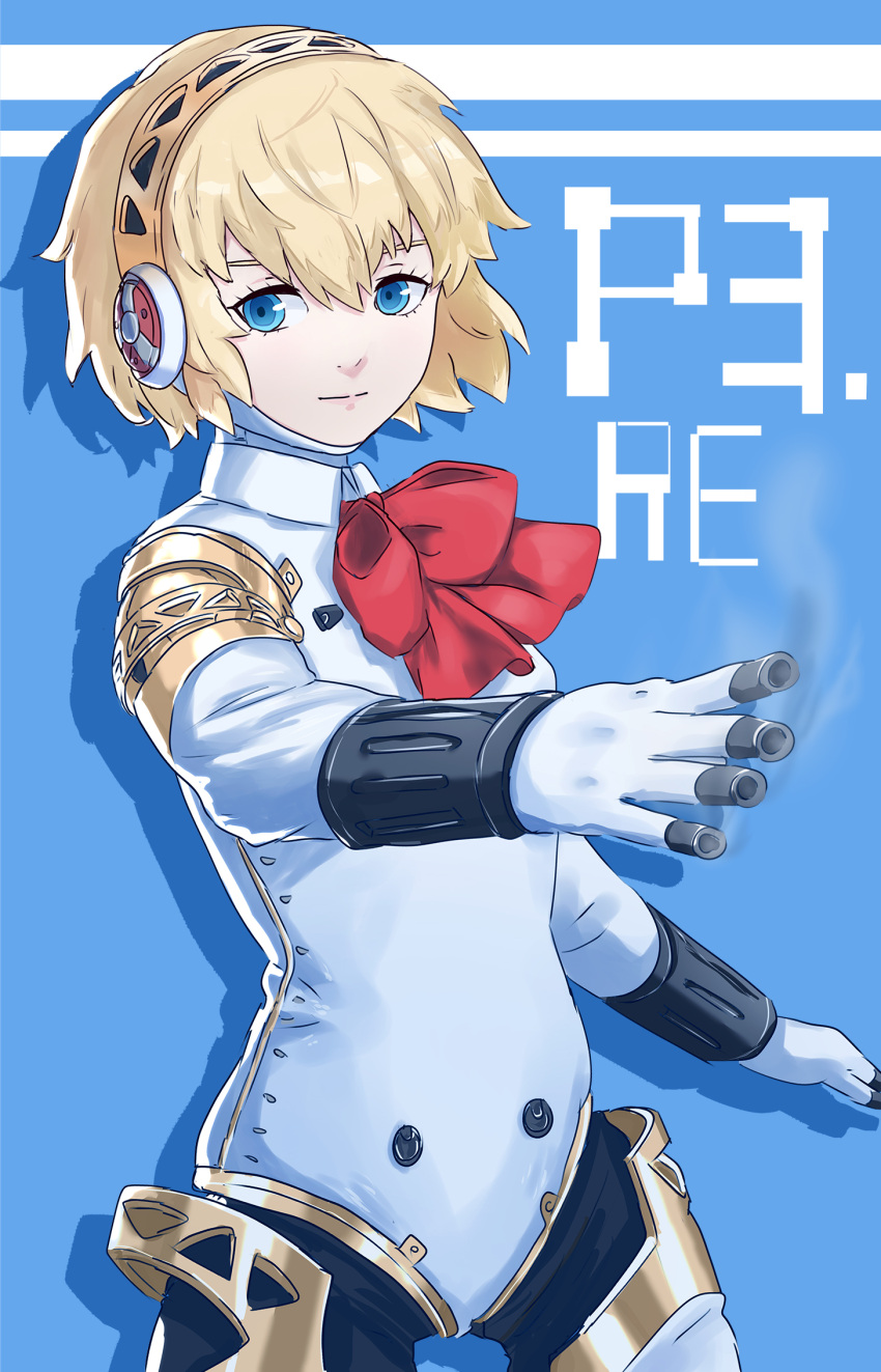1girl aegis_(persona) android blonde_hair blue_eyes bow bowtie closed_mouth commentary cowboy_shot finger_cannon hair_between_eyes highres joints koto_noha looking_at_viewer outstretched_arm persona persona_3 persona_3_reload red_bow red_bowtie robot_ears robot_joints short_hair solo