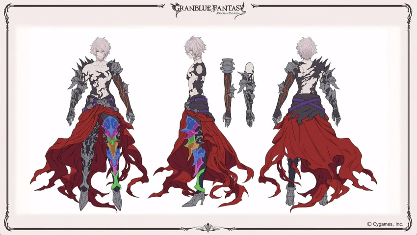 1boy abs armor arms_at_sides belt bishounen cape collarbone company_name expressionless full_body granblue_fantasy greaves hair_between_eyes high_heels light_frown logo lucilius_(granblue_fantasy) male_focus messy_hair minaba_hideo multicolored_background multiple_views no_nipples official_art pectorals red_cape reference_sheet scar scar_on_neck short_hair source_request standing stitched_neck stitches third-party_source torn_cape torn_clothes turnaround white_hair