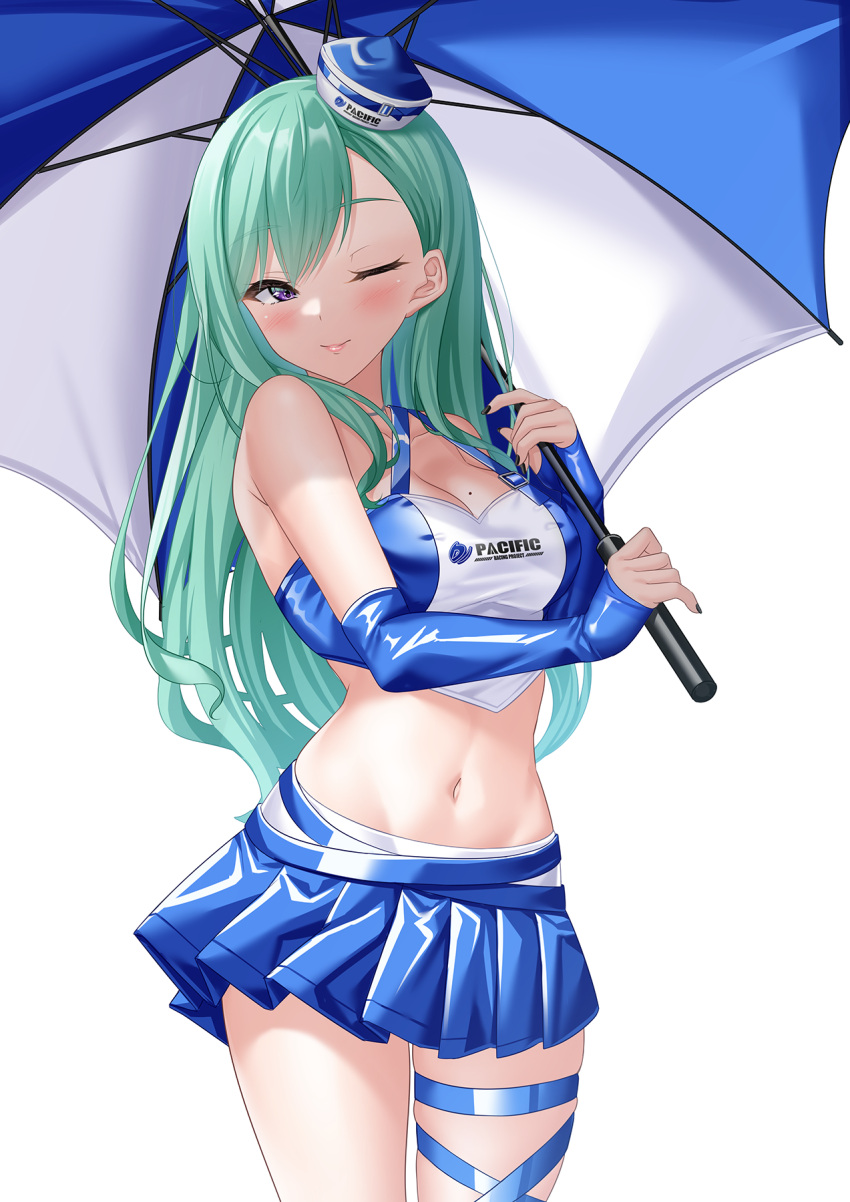 1girl armpit_crease bare_shoulders black_nails blue_shirt blue_skirt breasts cleavage closed_mouth cowboy_shot crop_top detached_sleeves green_hair hat highres hisame_shiki holding holding_umbrella long_sleeves medium_breasts midriff mini_hat miniskirt mole mole_on_breast nail_polish navel one_eye_closed pacific_racing_team pleated_skirt purple_eyes race_queen revealing_clothes revision shirt simple_background skindentation skirt sleeves_past_wrists smile solo standing stomach thigh_strap thighs two-tone_shirt umbrella virtual_youtuber vspo! white_background white_shirt yakumo_beni
