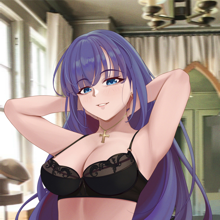 1girl absurdres armpits arms_behind_head arms_up bare_shoulders black_bra blue_eyes blush bra breasts cleavage collarbone cross cross_necklace fate/grand_order fate_(series) grin highres jewelry large_breasts long_hair looking_at_viewer martha_(fate) necklace purple_hair quatthro smile solo underwear