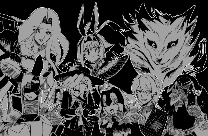 3boys 4girls ahoge animal_ears antonio_salieri_(fate) antonio_salieri_(second_ascension)_(fate) ascot black_background blindfold crossed_arms edmond_dantes_(fate) facial_mark fate/grand_order fate_(series) fedora gorgon_(fate) greyscale hair_over_one_eye hat headless hessian_(fate) highres jeanne_d'arc_alter_(avenger)_(fate) jeanne_d'arc_alter_(fate) laughing lobo_(fate) long_hair medusa_(fate) monochrome multiple_boys multiple_girls nitocris_(fate) nitocris_alter_(fate) nitocris_alter_(second_ascension)_(fate) scarf side_ponytail smile taira_no_kagekiyo_(fate) thumbs_up tunamayo_0nigir ushiwakamaru_(fate) wolf