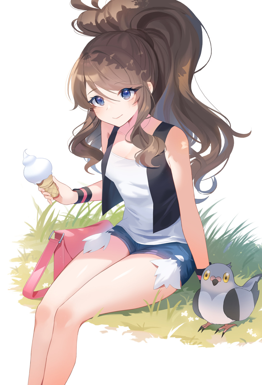 1girl bag blue_eyes blue_shorts brown_hair closed_mouth coletta_(colet_colettia) commentary_request food hair_between_eyes handbag highres hilda_(pokemon) holding holding_ice_cream_cone ice_cream ice_cream_cone long_hair no_headwear on_grass pidove pink_bag pokemon pokemon_(creature) pokemon_bw shirt short_shorts shorts simple_background sitting smile white_background white_shirt