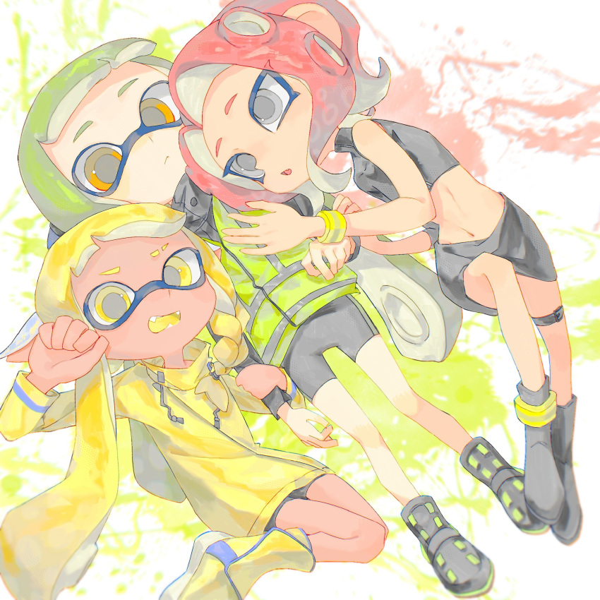 3girls agent_3_(splatoon) agent_3_(splatoon_3) agent_8_(splatoon) asymmetrical_sidelocks bike_shorts black_footwear black_skirt blonde_hair boots braid braided_sidelock closed_mouth commentary eyebrow_cut fangs green_hair grey_eyes highres inkling inkling_girl inkling_player_character jacket long_hair looking_at_viewer medium_hair multiple_girls navel open_mouth orange_eyes pencil_skirt pointy_ears red_hair single_braid skirt splatoon_(series) splatoon_1 splatoon_2 splatoon_2:_octo_expansion splatoon_3 tangsong33126 tentacle_hair vest white_background yellow_eyes yellow_footwear yellow_jacket yellow_wristband