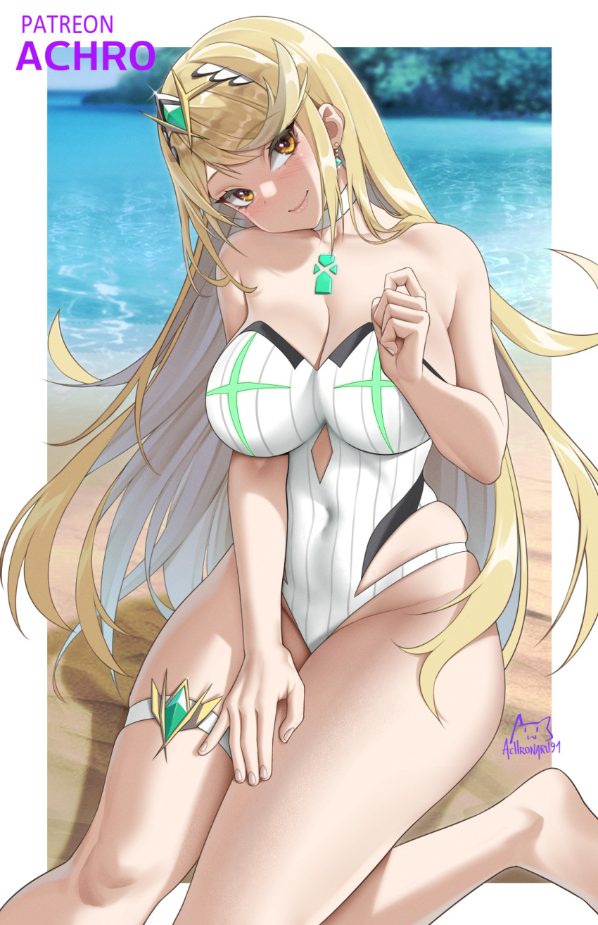 1girl achromaru artist_name barefoot beach blonde_hair border breasts cleavage closed_mouth commentary commentary_request core_crystal_(xenoblade) covered_navel earrings english_commentary foot_out_of_frame head_tilt highleg highres jewelry large_breasts long_hair looking_at_viewer mixed-language_commentary mythra_(radiant_beach)_(xenoblade) mythra_(xenoblade) orange_eyes outdoors outside_border sitting smile solo swimsuit thighlet thighs tiara white_border xenoblade_chronicles_(series) xenoblade_chronicles_2