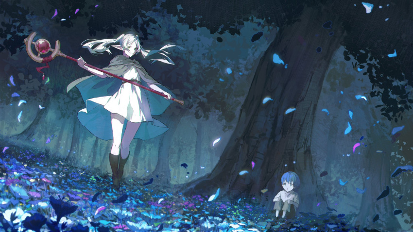 1boy 1girl aged_down belt blue_eyes blue_hair cape commentary_request dress elf falling_petals field floating flower flower_field forest frieren full_body green_eyes hair_lift highres himmel_(sousou_no_frieren) holding holding_staff mage_staff mmi_ryu nature petals pointy_ears sitting sousou_no_frieren staff thighs tree twintails white_dress white_hair