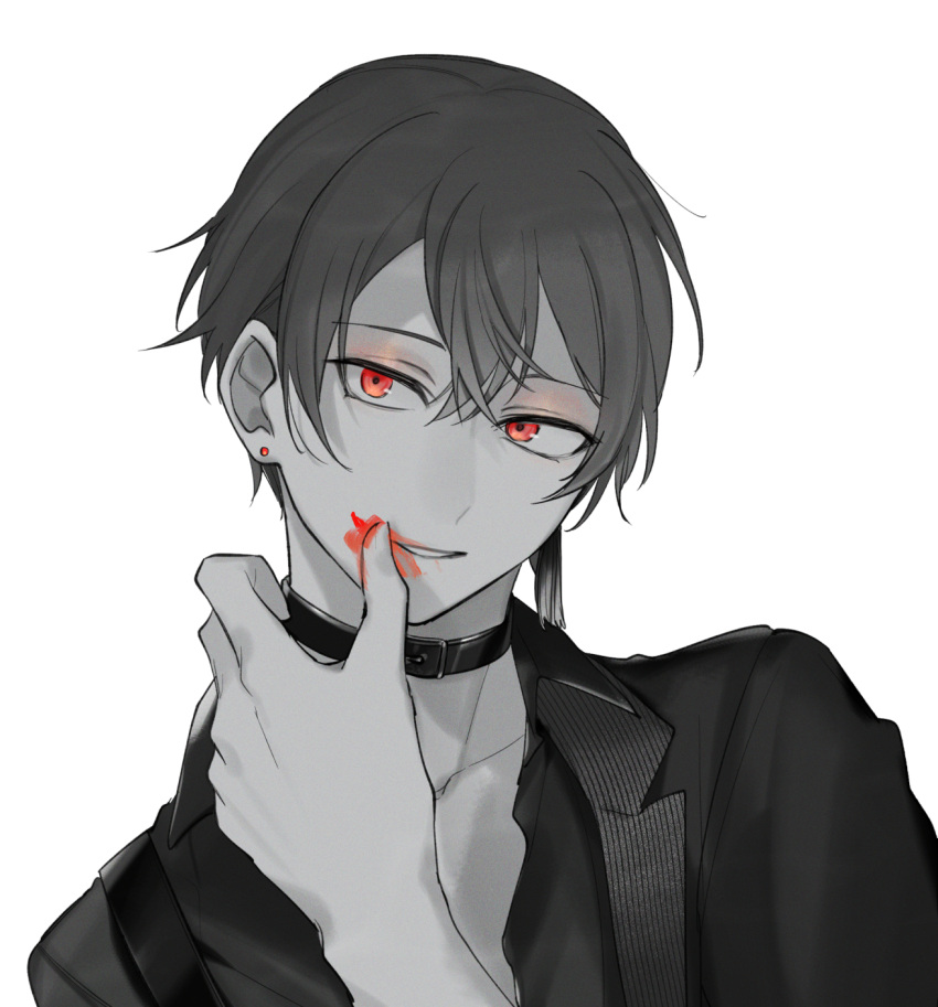1boy aho_no_sakata belt_collar collar collared_shirt earrings eyeshadow greyscale hair_between_eyes hand_to_own_mouth hand_up hassan_(sink916) highres jacket jewelry lapels lipstick long_sleeves looking_at_viewer makeup male_focus monochrome notched_lapels off_shoulder open_clothes open_collar open_jacket parted_lips red_eyes red_eyeshadow red_lips shirt short_hair simple_background single_earring smeared_lipstick smile solo spot_color stud_earrings tassel tassel_earrings upper_body urashimasakatasen utaite white_background wiping_mouth