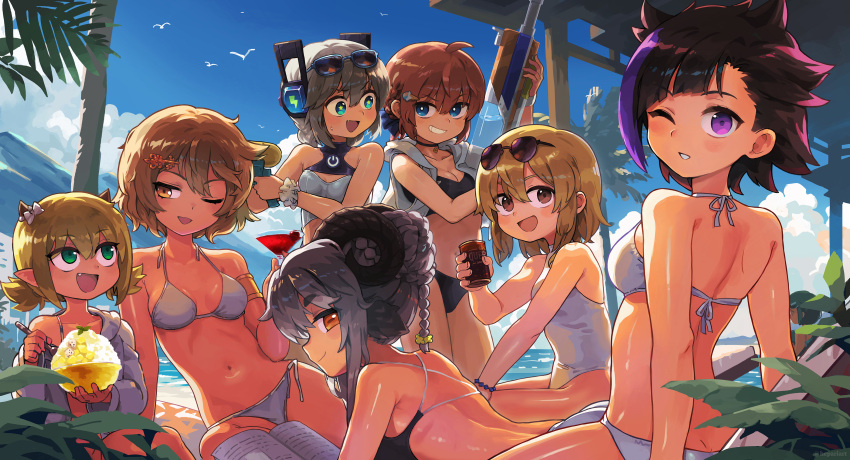 6+girls absurdres ass beach bikini black-framed_eyewear black_bikini black_hair black_one-piece_swimsuit blue-framed_eyewear blue_eyes blush bracelet breasts brown_eyes brown_hair cleavage day eyewear_on_head fang green_eyes grey_hair hepari highres holding holding_water_gun horizontal_pupils horns jewelry large_breasts medium_breasts multiple_girls navel one-piece_swimsuit one_eye_closed open_mouth original outdoors parted_lips pointy_ears purple_eyes shiny_skin short_hair small_breasts smile star-shaped_pupils star_(symbol) sunglasses swimsuit symbol-shaped_pupils water_gun white_bikini white_one-piece_swimsuit