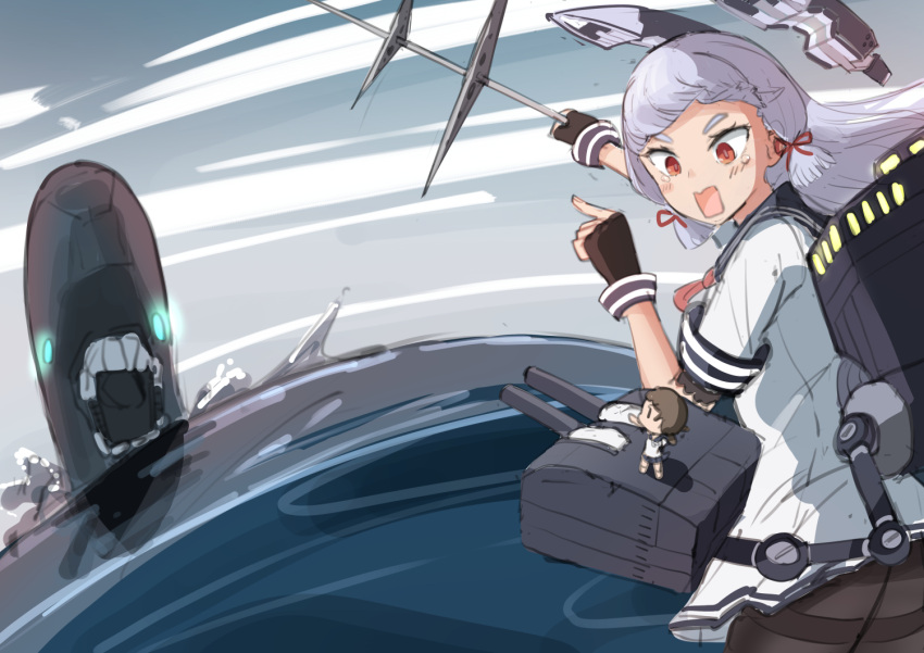 2girls black_gloves black_pantyhose black_sailor_collar brown_eyes cannon cowboy_shot dress fairy_(kancolle) fingerless_gloves floating_headgear gloves grey_hair hair_ribbon headgear i-class_destroyer kantai_collection long_hair multiple_girls murakumo_(kancolle) ocean open_mouth osananajimi_neko pantyhose ribbon sailor_collar sailor_dress short_eyebrows sidelocks thighband_pantyhose tress_ribbon turret water white_dress