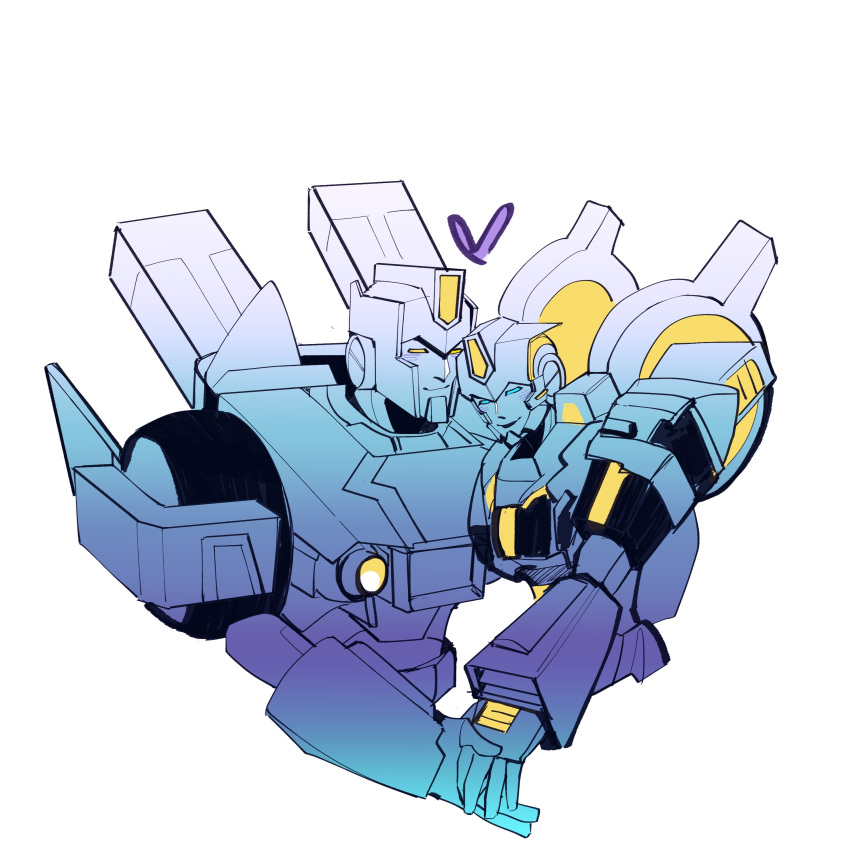 1boy 1girl absurdres blue_eyes couple heart highres holding_hands humanoid_robot knnw_a mechanical_wings nautica_(transformers) robot science_fiction simple_background skids_(transformers) the_transformers_(idw) transformers white_background wings yellow_eyes