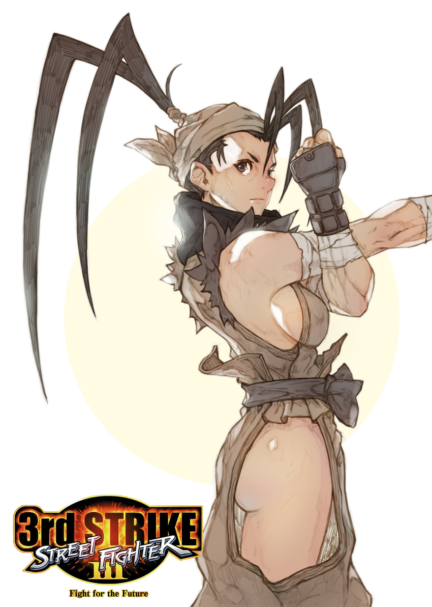 1girl absurdres antenna_hair ass bandaged_arm bandages belt black_hair breasts brown_eyes commentary cowboy_shot cross-body_stretch dovi english_commentary fingerless_gloves from_side gloves highres hip_vent ibuki_(street_fighter) japanese_clothes medium_breasts ninja sideboob sleeveless solo street_fighter stretching toned