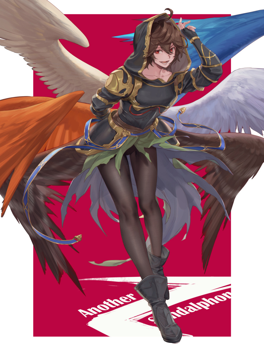 1boy adjusting_clothes ahoge armor belt bishounen blue_belt breastplate brown_hair brown_wings cape commentary commentary_request cowboy_shot empty_eyes english_text evil_grin evil_smile fingerless_gloves full_body gloves granblue_fantasy green_cape grin hair_between_eyes highres hood hood_up legs_together messy_hair pants pink_background red_eyes red_wings sandalphon_(granblue_fantasy) short_hair smile tight_clothes tight_pants tki white_wings wings