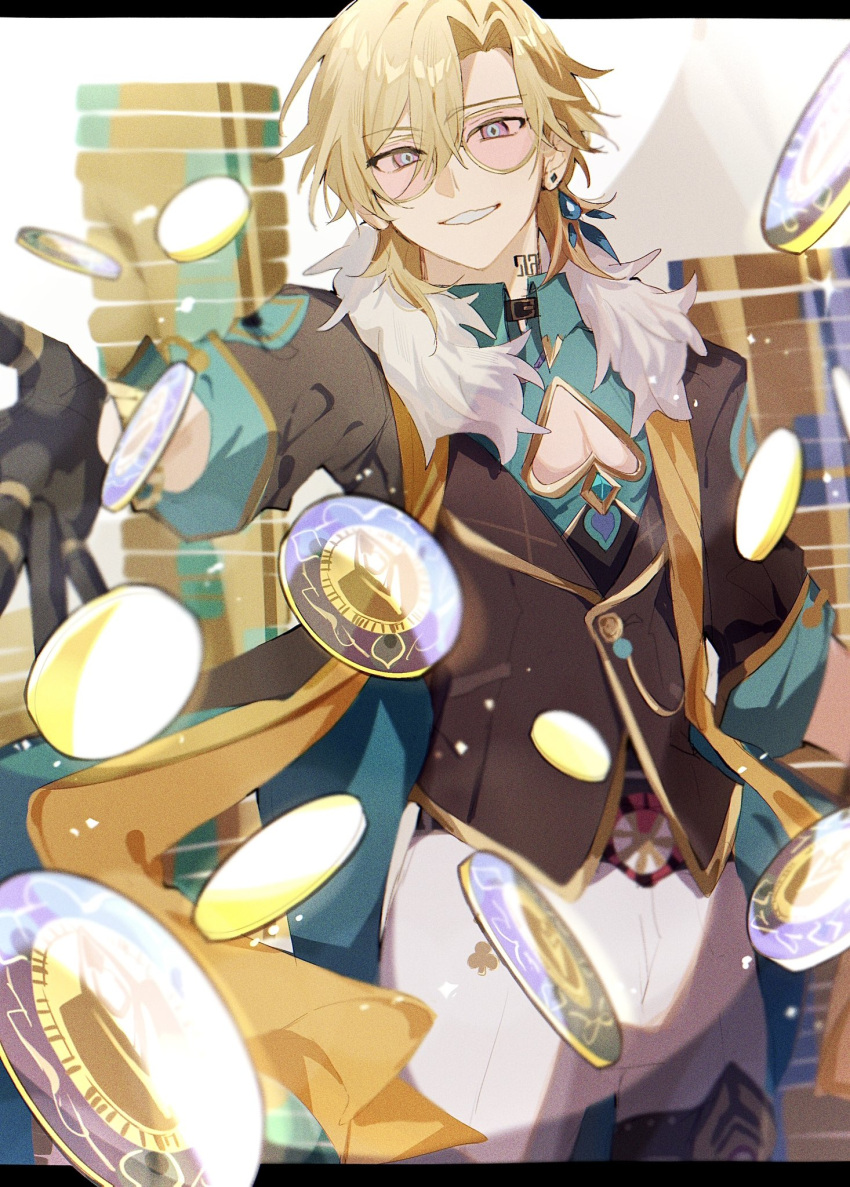 1boy aqua_shirt aventurine_(honkai:_star_rail) black_collar black_gloves blonde_hair blue_eyes bracelet cleavage_cutout clothing_cutout club_(shape) collar collared_shirt commentary_request cowboy_shot crossed_bangs earrings fur-trimmed_jacket fur_trim glasses gloves gold_trim grin hair_between_eyes half_gloves highres honkai:_star_rail honkai_(series) jacket jewelry lapels long_sleeves looking_at_viewer male_focus multicolored_eyes multiple_rings neck_tattoo outstretched_arm outstretched_hand pants parted_bangs pink-tinted_eyewear poker_chip purple_eyes ring shirt short_hair single_earring sleeves_rolled_up smile solo standing taru_(tofu_ta) tattoo thigh_strap tinted_eyewear white_pants