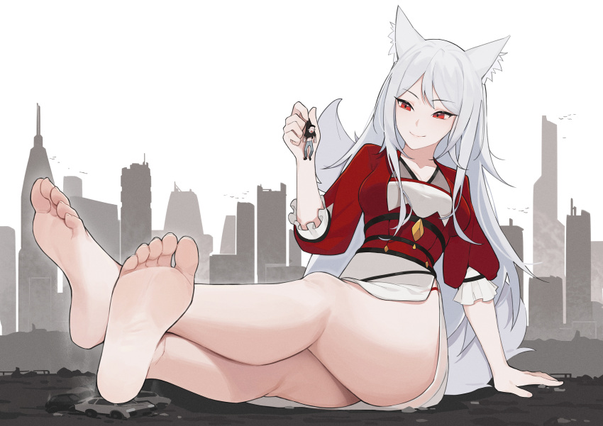 1girl absurdres animal_ear_fluff animal_ears arm_support bare_legs barefoot breasts character_request city cleavage closed_mouth copyright_request crossed_ankles feet foreshortening fox_ears frilled_sleeves frills full_body giant giantess grey_hair high-waist_skirt highres holding lan_mao_akko legs long_hair looking_at_another medium_breasts outdoors puffy_sleeves red_eyes side_slit skirt smile soles solo thighs toenails toes very_long_hair white_skirt