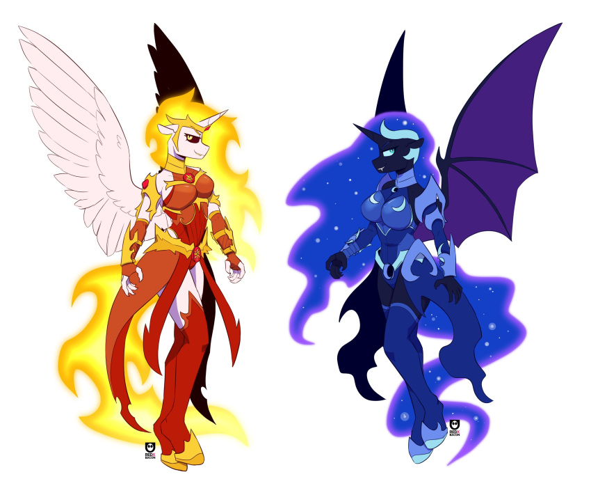 amber_eyes anthro anthrofied armor black_body black_sclera blue_eyes blue_eyeshadow blue_hair blue_tail clothing daybreaker_(mlp) duo equid equine ethereal_hair ethereal_tail eyeshadow fangs feathered_wings feathers female fire flaming_hair flaming_tail friendship_is_magic fur hair hasbro hi_res horn legwear makeup mammal membrane_(anatomy) membranous_wings my_little_pony mythological_creature mythological_equine mythology nightmare_moon_(mlp) pseudo_hair purple_wings redxbacon simple_background sparkles stockings tail teeth white_background white_body white_fur winged_unicorn wings