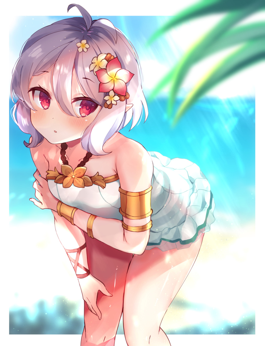 1girl antenna_hair arm_under_breasts armlet bare_shoulders beach blurry blurry_background blurry_foreground blush border bracelet breasts day ebihara_beniko feet_out_of_frame flower flower_ornament frilled_one-piece_swimsuit frills gold_bracelet gold_trim hair_between_eyes hair_flower hair_ornament hand_on_own_leg highres jewelry kokkoro_(princess_connect!) leaning_forward light_rays looking_to_the_side ocean one-piece_swimsuit outside_border parted_lips plant pointy_ears princess_connect! raised_eyebrows red_eyes short_hair small_breasts solo standing sunlight swimsuit white_hair white_one-piece_swimsuit