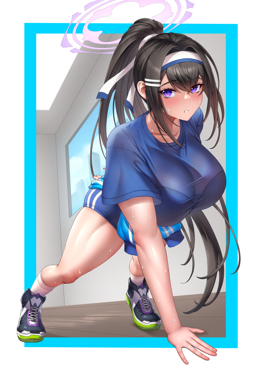 1girl arm_behind_back black_footwear black_hair blue_archive blue_buruma blue_shirt blue_sky blush bralines breasts brick_(atelier_brick) buruma clothes_around_waist cloud commentary commission day exercise full_body gym_uniform hair_between_eyes hair_ribbon halo headband highres indoors jacket jacket_around_waist large_breasts long_hair looking_at_viewer outside_border parted_lips pixiv_commission ponytail purple_eyes push-ups ribbon see-through see-through_shirt shadow shirt shoes short_sleeves sidelocks sky sneakers socks solo sumire_(blue_archive) sweat t-shirt thighs very_long_hair wet wet_clothes wet_shirt white_headband white_ribbon white_socks