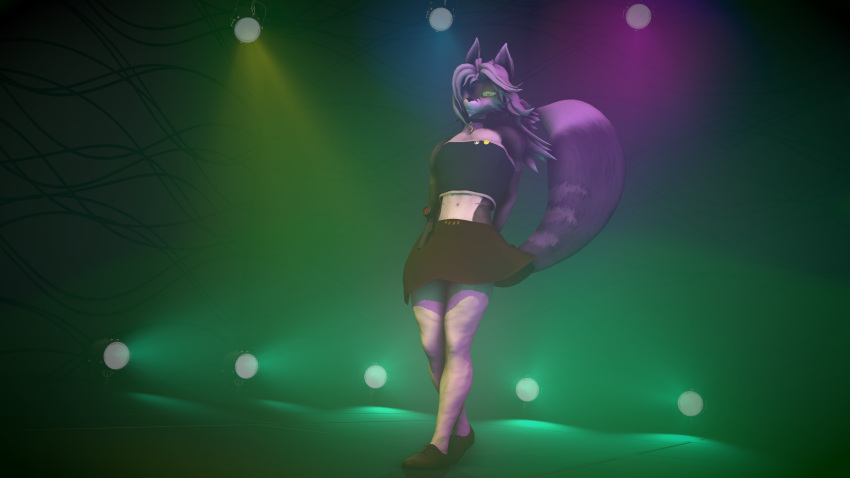 16:9 3d_(artwork) 4k absurd_res anthro bottomwear canid canine clothed clothing digital_media_(artwork) dr.holiday fox girly hair hi_res legwear long_hair male mammal simple_background skirt solo tail thigh_highs topwear tube_top widescreen yellow_eyes