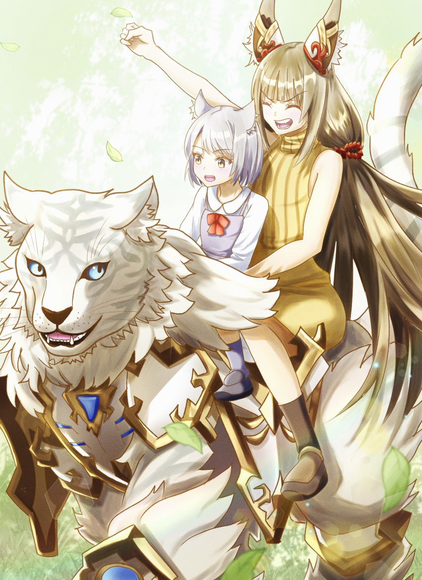 2girls :d ^_^ absurdres age_comparison animal_ear_fluff animal_ears arm_up blue_eyes boots bow bowtie brown_footwear brown_hair cat_ears cat_girl closed_eyes commentary_request dromarch_(xenoblade) dual_persona grey_hair highres long_hair medium_hair multiple_girls nia_(xenoblade) open_mouth piubiscuit red_bow red_bowtie sharp_teeth smile teeth tiger white_fur xenoblade_chronicles_(series) xenoblade_chronicles_2 xenoblade_chronicles_3