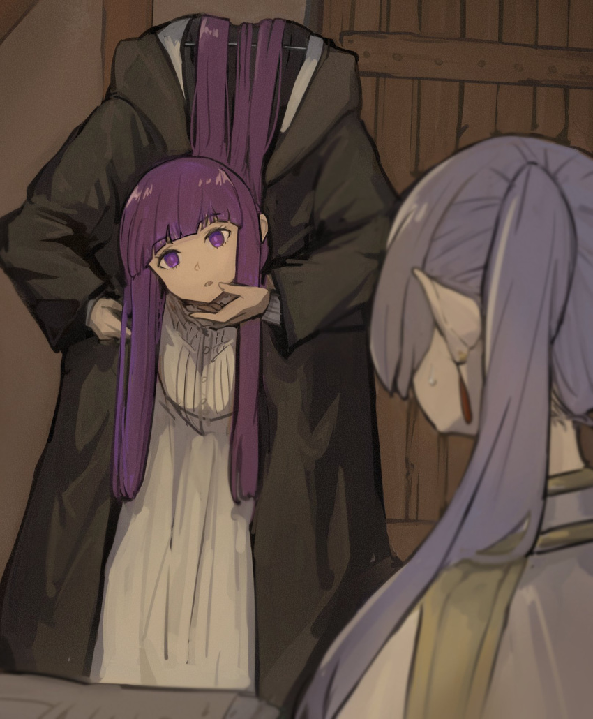 2girls black_coat capelet coat door dress fern_(sousou_no_frieren) frieren gold_trim hair_over_shoulder higemu highres indoors long_hair long_sleeves looking_at_viewer magic_trick multiple_girls open_clothes open_coat parted_lips purple_eyes purple_hair sousou_no_frieren sweatdrop twintails white_capelet white_dress white_hair