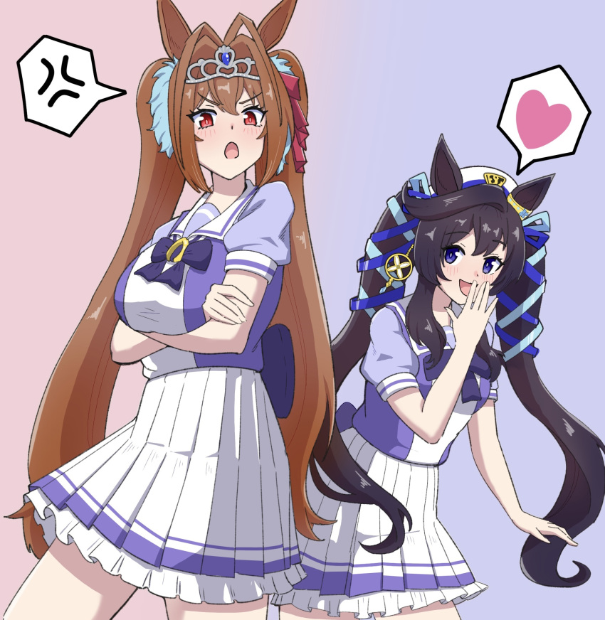 2girls :d :o anger_vein animal_ears blue_ribbon bow bowtie brown_hair cowboy_shot crossed_arms daiwa_scarlet_(umamusume) ear_covers earrings gradient_background hair_between_eyes hair_intakes hair_ribbon hairstyle_connection heart highres horse_ears horse_girl horseshoe_ornament hu-min_(okok6341) jewelry long_hair looking_at_viewer multiple_girls pleated_skirt puffy_short_sleeves puffy_sleeves purple_bow purple_bowtie purple_eyes purple_shirt red_eyes ribbon sailor_collar sailor_shirt school_uniform shirt short_sleeves simple_background single_ear_cover single_earring skirt smile spoken_anger_vein spoken_heart summer_uniform tiara tracen_school_uniform twintails two-tone_background umamusume very_long_hair vivlos_(umamusume) white_skirt