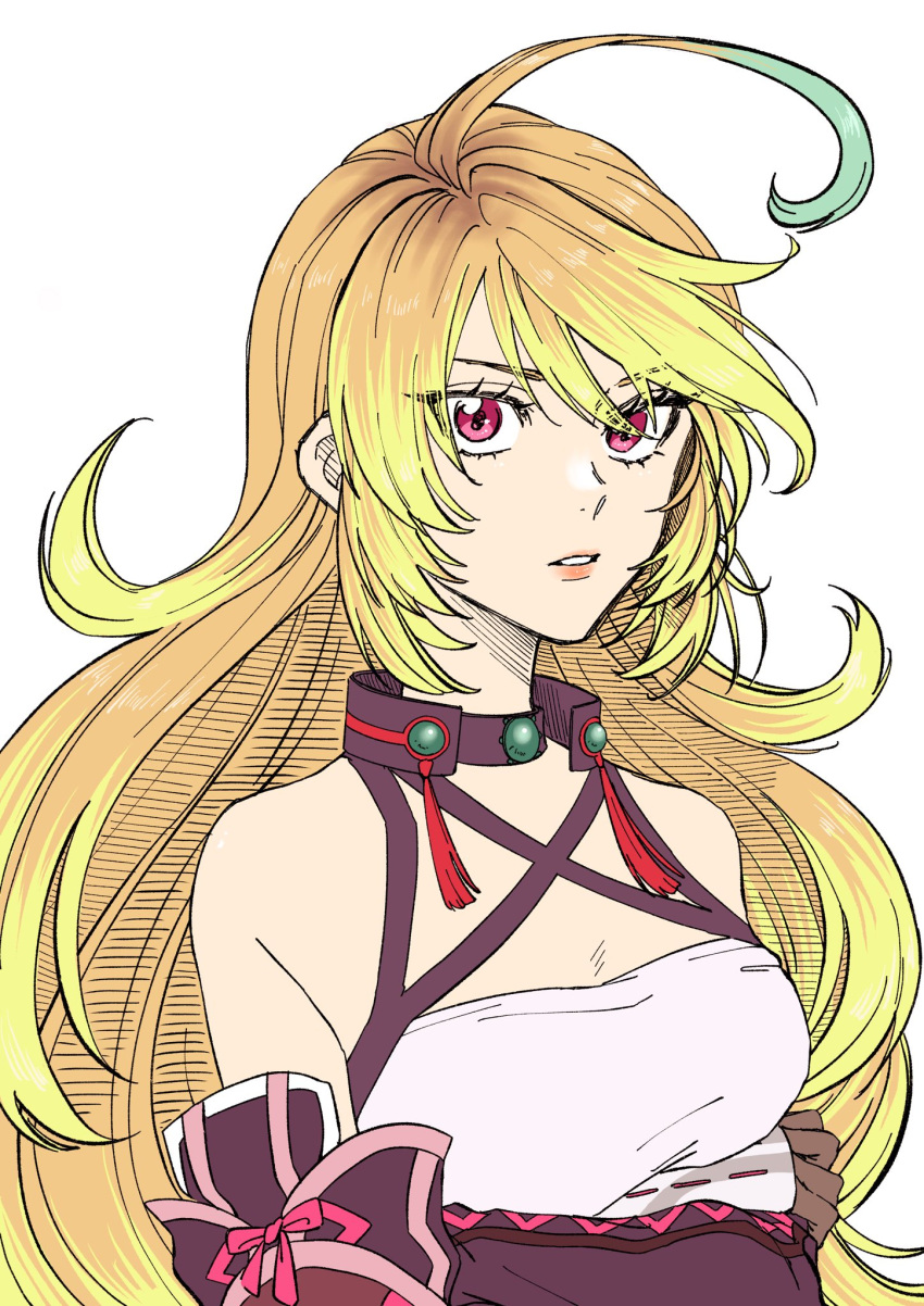 1girl bare_shoulders black_choker blonde_hair choker criss-cross_halter eyelashes gradient_hair green_hair halterneck highres long_hair looking_at_viewer milla_maxwell multicolored_hair p_teirin parted_lips red_eyes solo tales_of_(series) tales_of_xillia upper_body very_long_hair white_background