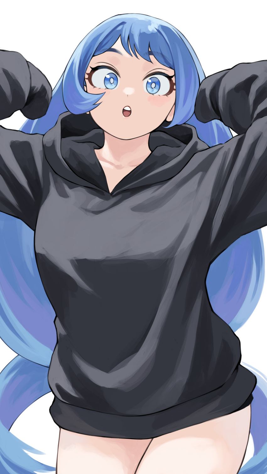 1girl :o absurdres alternate_costume black_hoodie blue_eyes blue_hair boku_no_hero_academia fengling_(furin-jp) hadou_nejire highres hood hoodie looking_at_viewer open_mouth simple_background solo white_background