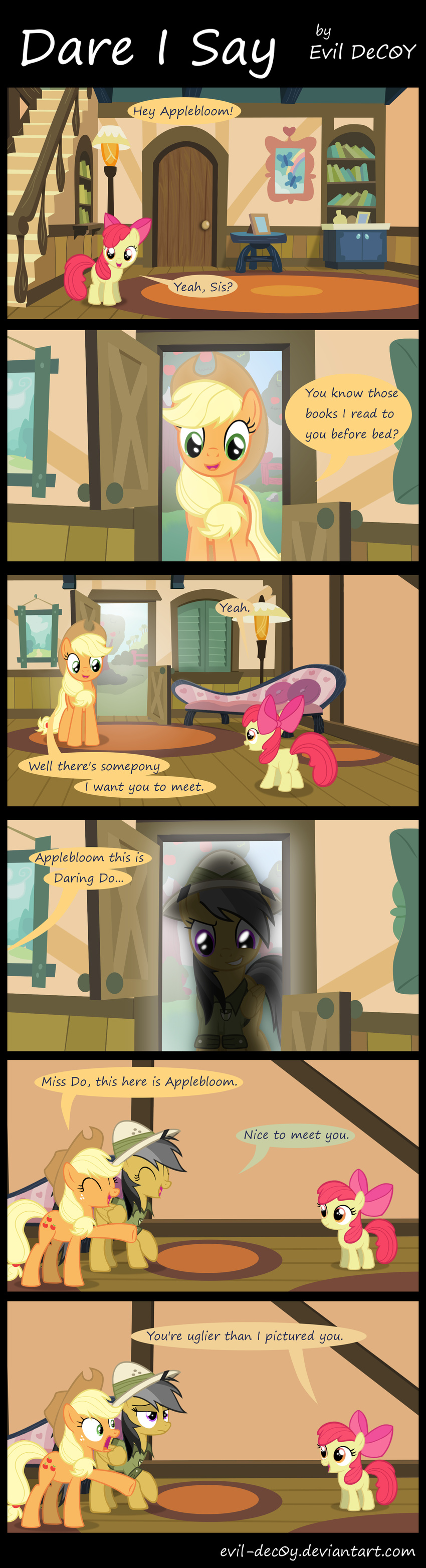 amber_eyes apple_bloom_(mlp) applejack_(mlp) blonde_hair book bookshelf bow clothing comic cowboy_hat cutie_mark daring_do_(mlp) dialog door english_text equine evil-dec0y female freckles friendship_is_magic green_eyes grey_hair hair hat horse jaw_drop lamp mammal multi-colored_hair my_little_pony pegasus picture_frame pith_helmet pony purple_eyes red_hair shirt sofa stairs table text wings