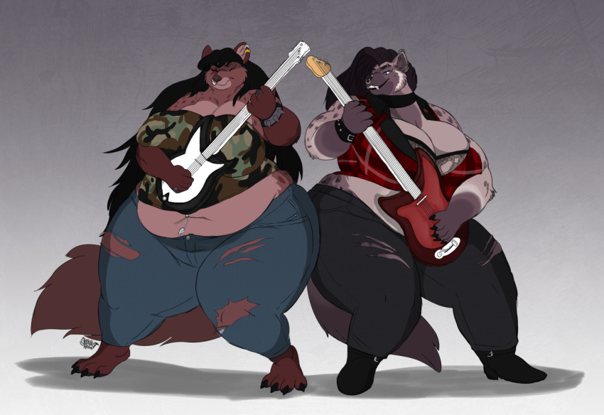 anthro big_breasts breasts duo eyes_closed female guitar hyena looking_at_another looking_at_partner mammal musical_instrument playing_music plucked_string_instrument roxanne_(skarlett_cynder) sketchiest_affairs smile string_instrument thick_thighs wide_hips