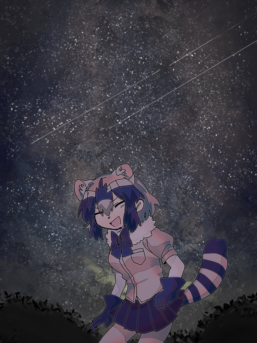 1girl :d ^_^ animal_ears bad_id bad_twitter_id bow bowtie closed_eyes commentary_request common_raccoon_(kemono_friends) cowboy_shot facing_viewer fur_collar gloves highres inactive_account jmeysan kemono_friends multicolored_hair night night_sky open_mouth outdoors pleated_skirt puffy_short_sleeves puffy_sleeves raccoon_ears raccoon_tail shirt shooting_star short_hair short_sleeves skirt sky smile solo standing star_(sky) starry_sky tail