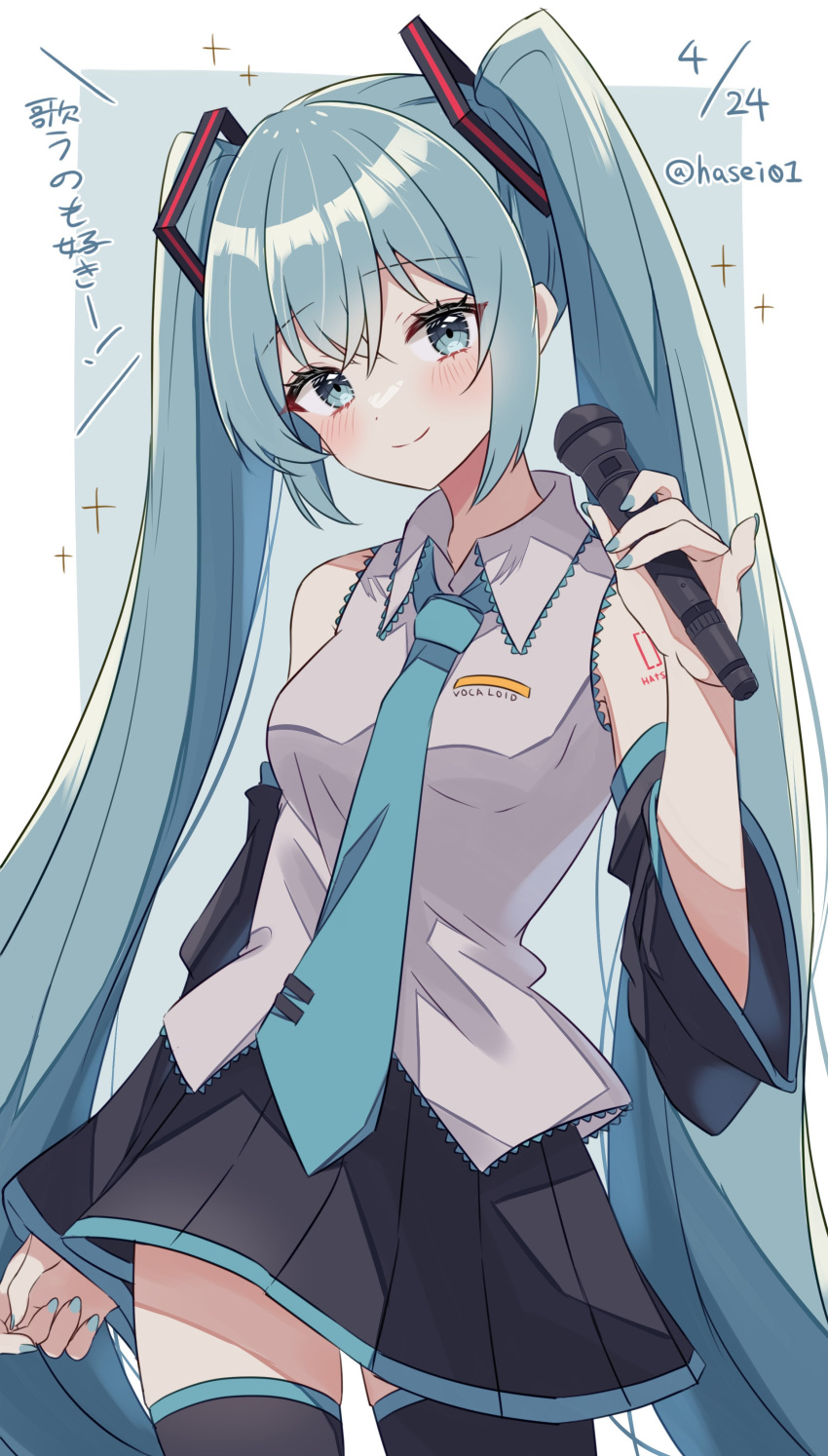 1girl absurdres arm_at_side bare_shoulders black_skirt black_sleeves black_thighhighs blue_eyes blue_hair blue_nails blue_necktie blush closed_mouth collared_shirt cowboy_shot dated detached_sleeves hair_between_eyes hasei_(hasei01) hatsune_miku head_tilt highres holding holding_microphone long_hair long_sleeves looking_at_viewer microphone miniskirt nail_polish necktie number_tattoo pleated_skirt shirt sidelocks skirt sleeveless sleeveless_shirt smile solo tattoo thighhighs tie_clip translation_request twintails twitter_username very_long_hair vocaloid white_shirt zettai_ryouiki