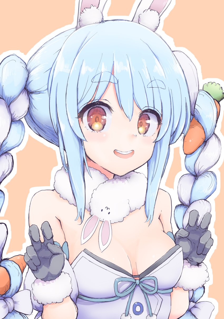 1girl :d absurdres animal_ear_fluff animal_ears bare_shoulders blue_hair braid breasts brown_background carrot_hair_ornament commentary_request dress food-themed_hair_ornament fur-trimmed_gloves fur_trim gloves grey_gloves hair_between_eyes hair_ornament hands_up highres hololive long_hair looking_at_viewer multicolored_hair orange_eyes outline rabbit_ears short_eyebrows simple_background small_breasts smile solo strapless strapless_dress takunama teeth thick_eyebrows twin_braids twintails two-tone_hair upper_body upper_teeth_only usada_pekora usada_pekora_(1st_costume) virtual_youtuber white_dress white_hair white_outline