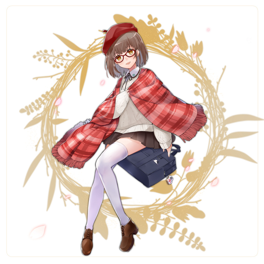 1girl absurdres bag beret black_bag black_ribbon black_skirt brown_footwear brown_hair cable_knit collared_shirt commentary_request flat_chest fringe_trim glasses grey_sweater hat highres invisible_chair kyomu_(kyomu_lwl) long_sleeves looking_at_viewer mahjong_soul mahjong_tile making-of_available medium_bangs miniskirt neck_ribbon ninomiya_hana open_mouth plaid_shawl pleated_skirt red-framed_eyewear red_hat red_shawl ribbon school_bag shawl shirt shoes short_hair sitting skirt smile sweater thighhighs white_background white_shirt white_thighhighs wreath yellow_eyes