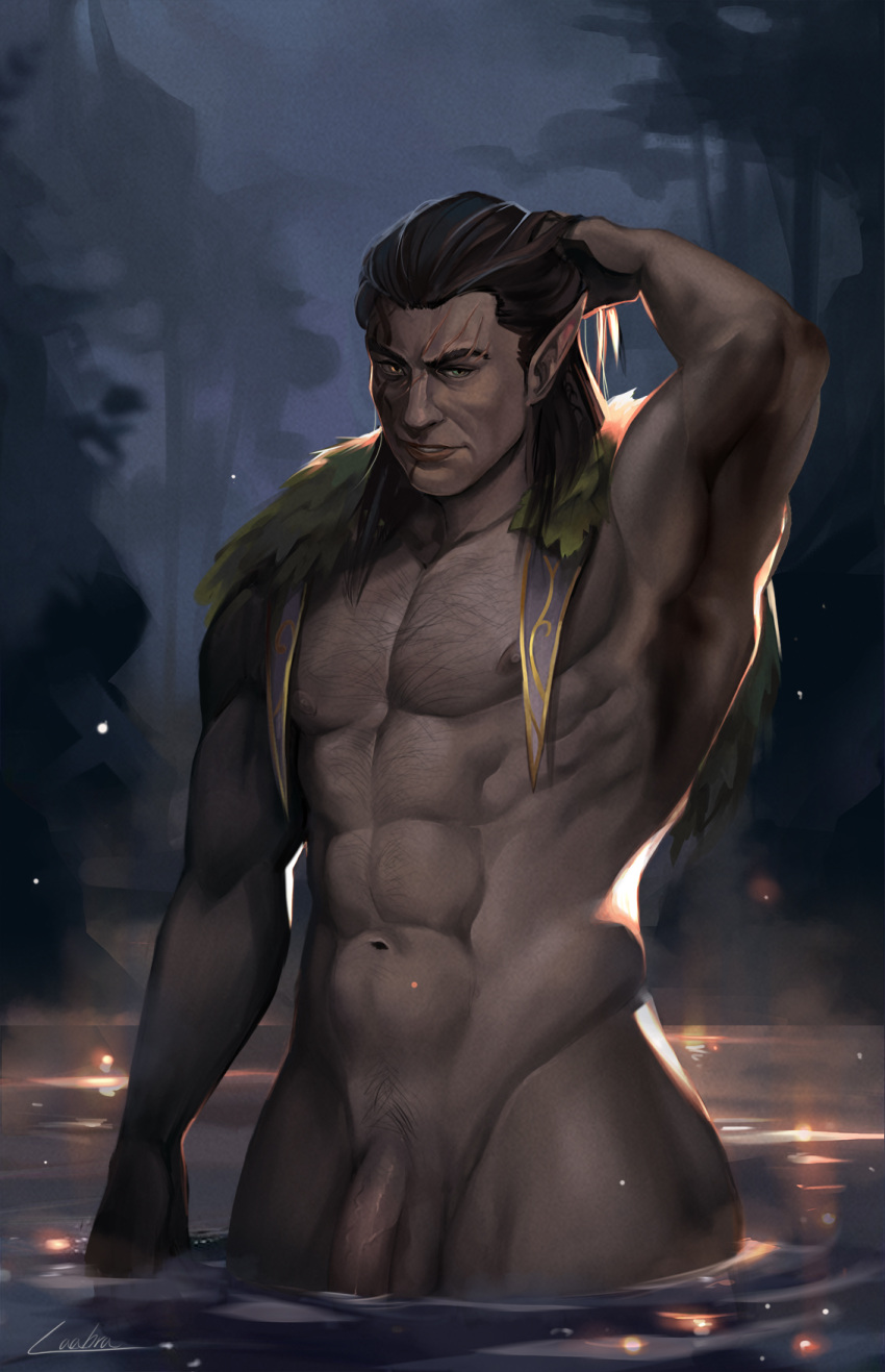 1boy abs backlighting baldur's_gate baldur's_gate_3 bara dungeons_&amp;_dragons flaccid forest halsin hand_in_own_hair highres laahra lake looking_at_viewer male_focus mature_male medium_hair muscular muscular_male nature navel nipples nude pectorals penis pointy_ears solo sparse_chest_hair standing stomach thick_eyebrows uncensored wading wide_hips wrinkled_skin