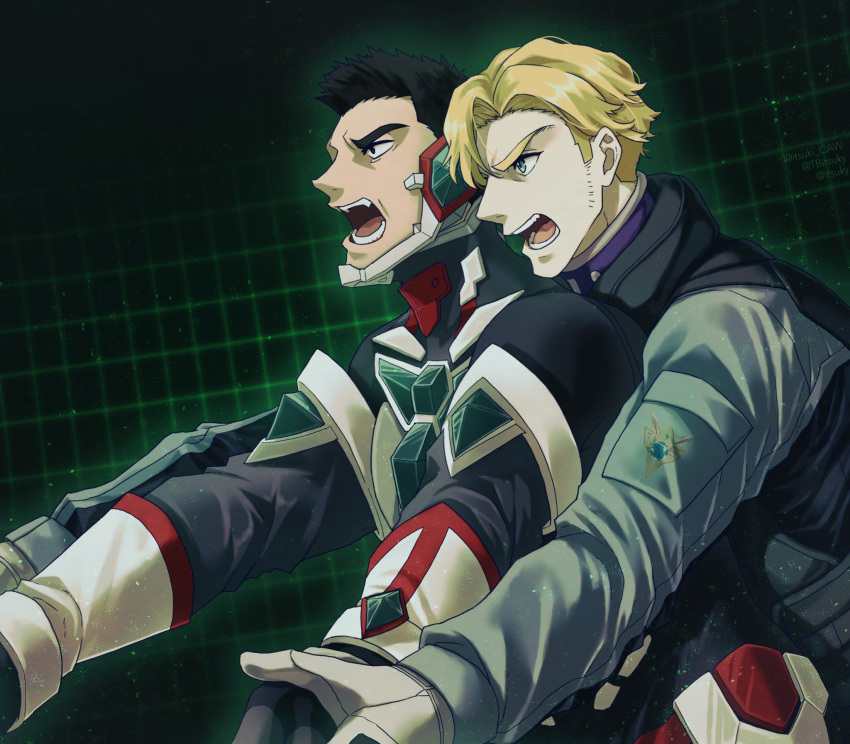 2boys ao_isami black_hair blonde_hair bodysuit combined_attack couple facial_hair from_side highres itsuki_caw lewis_smith looking_ahead male_focus multiple_boys profile serious shouting sideburns_stubble stubble thick_eyebrows upper_body yaoi yuuki_bakuhatsu_bang_bravern