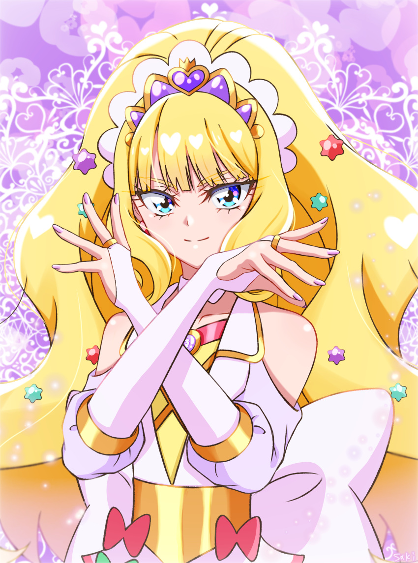 1girl abstract_background absurdres back_bow blonde_hair blue_eyes bow bridal_gauntlets candy closed_mouth collarbone cowboy_shot crossed_arms cure_finale delicious_party_precure fingernails food food-themed_hair_ornament hair_ornament highres kasai_amane konpeitou long_hair looking_at_viewer magical_girl precure purple_background purple_nails red_bow saki_(pixiv90771732) shiny_skin smile solo standing tiara white_bow white_bridal_gauntlets