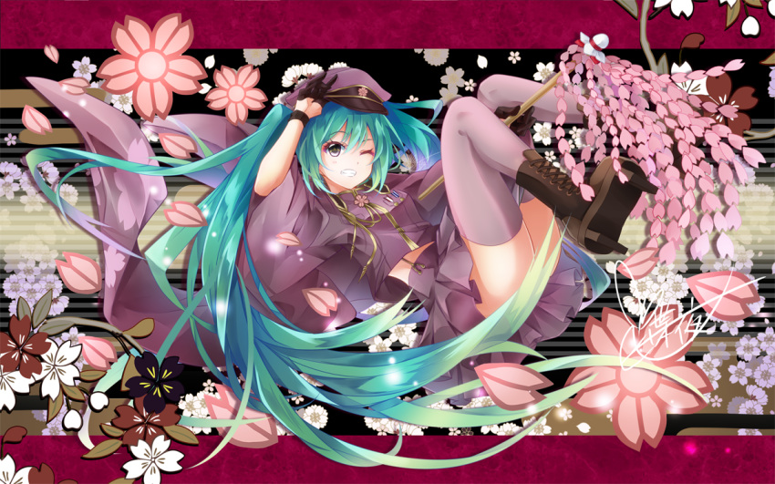 1girl aqua_hair between_legs black_gloves boots brown_eyes brown_footwear cross-laced_footwear floating_hair flower full_body gloves grin hair_between_eyes half_gloves hand_between_legs hat hatsune_miku long_hair long_sleeves military_hat miniskirt one_eye_closed petals pink_flower pleated_skirt purple_hat purple_shirt purple_skirt purple_thighhighs red_flower senbonzakura_(vocaloid) shirt skirt smile solo suspender_skirt suspenders thighhighs twintails tyouya very_long_hair vocaloid white_flower wide_sleeves