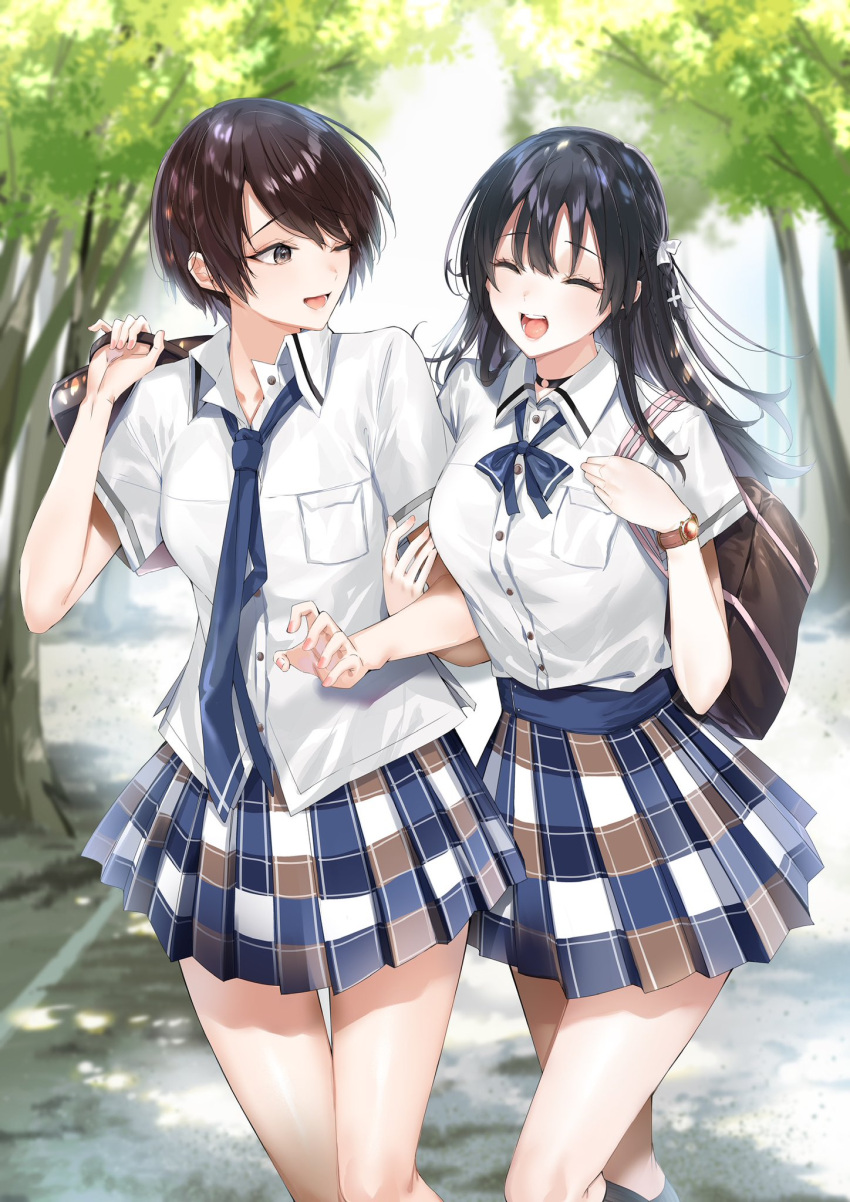 2girls :d bag black_choker black_hair black_socks blue_bow blue_bowtie blue_necktie bow bowtie breast_pocket breasts brown_eyes brown_hair choker closed_eyes collared_shirt cowboy_shot facing_viewer furrowed_brow hair_bow hand_up highres hitotsuba_kaede kakao_(chocolate_land) large_breasts locked_arms long_hair looking_at_another looking_to_the_side miniskirt multiple_girls necktie nikaido_ai novel_illustration official_art one_eye_closed open_mouth plaid plaid_skirt pocket raised_eyebrows ryoushin_no_shakkin school_bag school_uniform shiny_skin shirt short_hair skirt smile socks teeth thigh_gap thighs tree tree_shade watch white_bow white_shirt wing_collar wristwatch