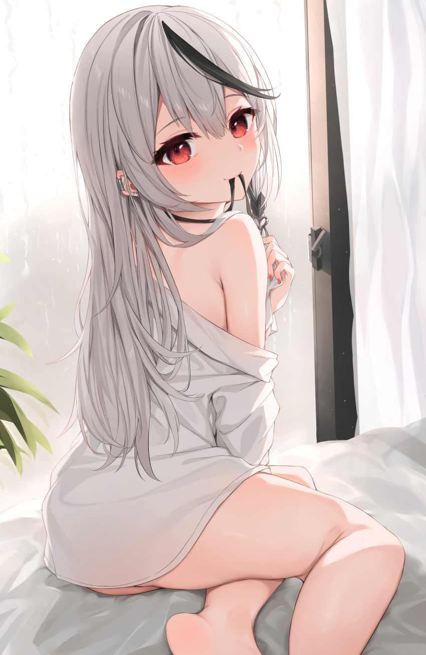 1girl absurdres bare_shoulders barefoot black_hair black_ribbon braid curtains ear_piercing earclip eyelashes grey_hair hair_ornament highres hololive hololive_english indoors koyokurosuki long_hair looking_at_viewer mouth_hold multicolored_hair no_bra no_pants on_bed open_clothes open_shirt piercing red_eyes ribbon ribbon_in_mouth sakamata_chloe shirt side_braid sitting smile solo streaked_hair virtual_youtuber white_shirt window