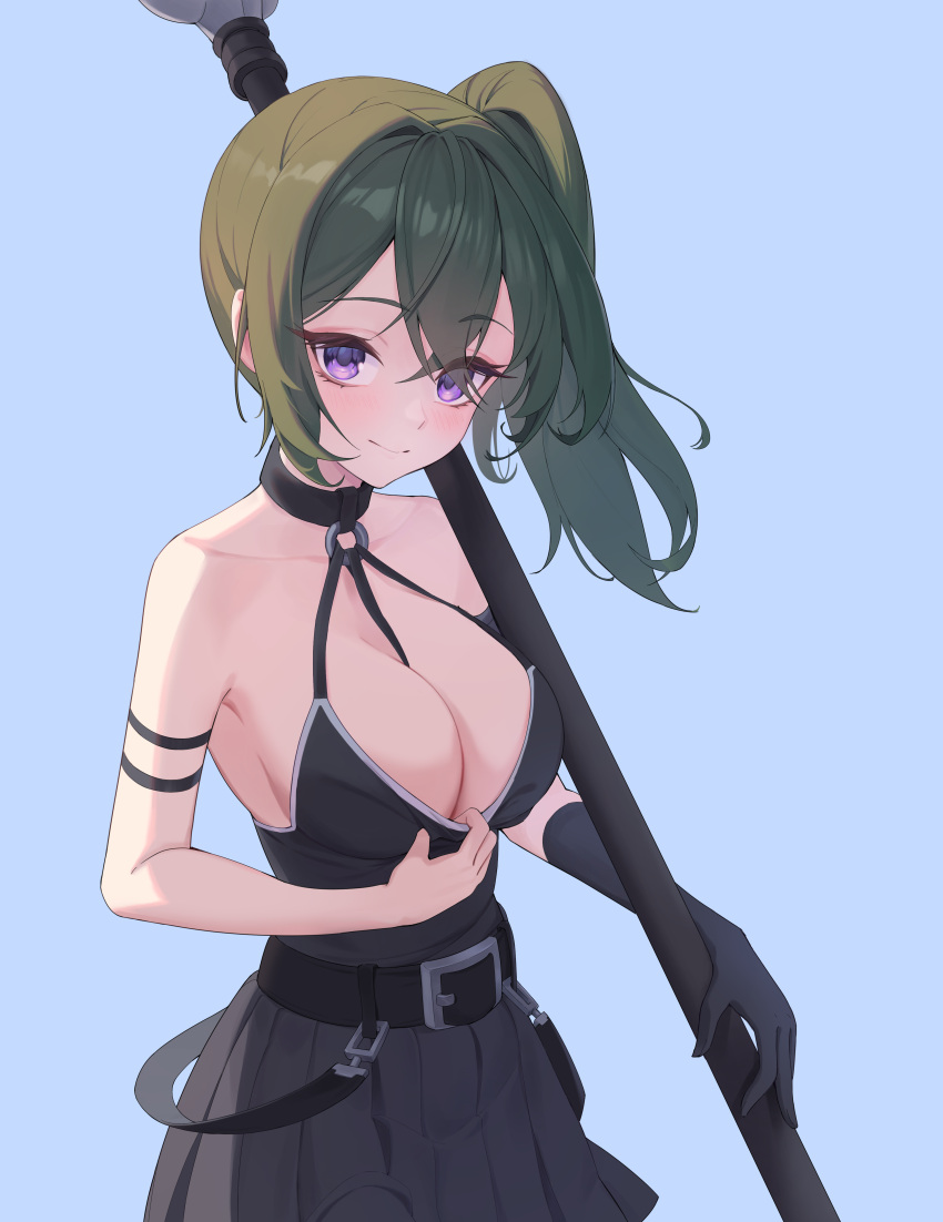 1girl absurdres aki_(user_mxzg2544) black_dress black_gloves breasts cleavage dress gloves green_hair highres holding holding_staff large_breasts purple_eyes side_ponytail single_glove solo sousou_no_frieren staff ubel_(sousou_no_frieren)