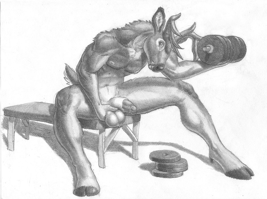 anthro antlers arjuna ball_fondling balls biceps cervine deer exercise fur greyscale half-erect hooves horn humanoid_penis looking_at_viewer male mammal monochrome muscles nipples nude pecs penis pose presenting sheath sitting sketch smile solo spread_legs spreading weightlifting weights